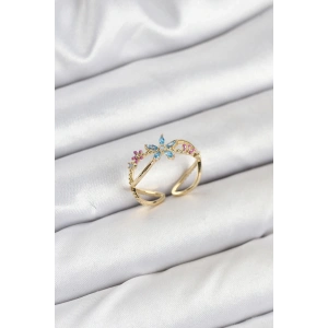 Pirinç Gold Renk Zirkon Taşlı Mavi Çiçekli Kadın Yüzük