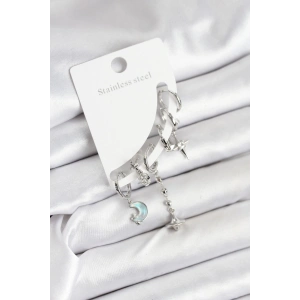 Pirinç Gümüş Renk Ay Model Kadın Set Küpe