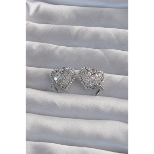 Pirinç Gümüş Renk Fiyonk Detay İncili Zirkon Taşlı Kalp Küpe