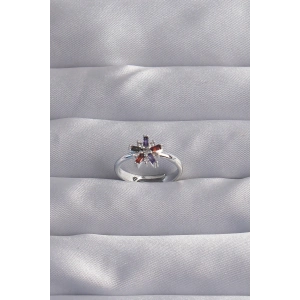 Pirinç Gümüş Renk Renkli Zirkon Taşlı Ayarlamalı Yüzük