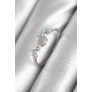 Pirinç Gümüş Renk Zirkon Taş Detaylı Beyaz Sedefli Çiçek Model Kadın Yüzük