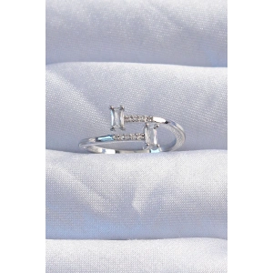 Pirinç Gümüş Renk Zirkon Taşlı Geometrik Ayarlanabilir Yüzük