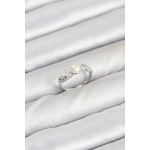 Pirinç Gümüş Renk Zirkon Taşlı İncili Model Kadın Yüzük