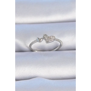 Pirinç Gümüş Renk Zirkon Taşlı Kalp Model Kadın Yüzük