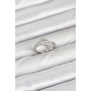 Pirinç Gümüş Renk Zirkon Taşlı Kelebek Model Kadın Yüzük