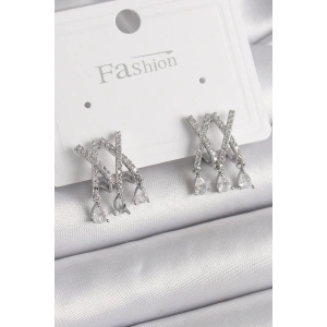 Pirinç Gümüş Renk Zirkon Taşlı X Model Sallantı Detay Kadın Küpe