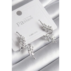 Pirinç Gümüş Renk Zirkon Taşlı Yaprak Model Kadın Küpe