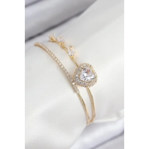 Pirinç Zirkon Taşlı Kalp Model Gold Renk Kadın Bileklik