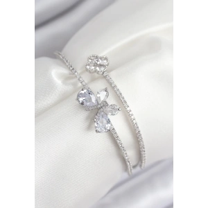 Pirinç Zirkon Taşlı Kelebek Ve Yonca Model Gümüş Renk Kadın Bileklik