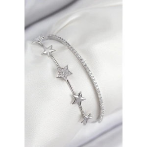 Pirinç Zirkon Taşlı Yıldız Model Gümüş Renk Kadın Bileklik