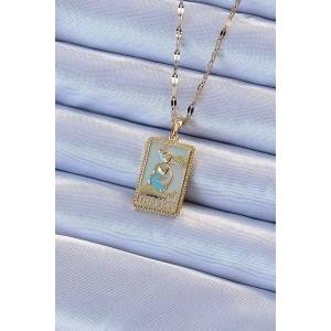 316L Çelik Zincir Altın Renk Mavi Mineli Tarot Kolye
