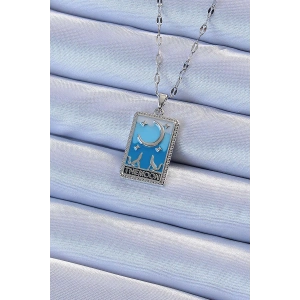 316L Çelik Zincir Gümüş Renk Mavi Mineli Ay Figür Tarot Kolye