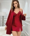 Bordo İnce Askılı Saten 2li Gecelik Sabahlık Takımı