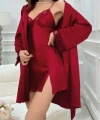 Bordo İnce Askılı Saten 2li Gecelik Sabahlık Takımı