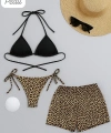 Kadın 3lü Set Siyah Ve Leopar Desenli Şortlu Yandan Bağlamalı Bikini Mayo Takımı