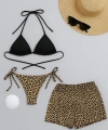 Kadın 3lü Set Siyah Ve Leopar Desenli Şortlu Yandan Bağlamalı Bikini Mayo Takımı