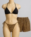 Kadın 3lü Set Siyah Ve Leopar Desenli Şortlu Yandan Bağlamalı Bikini Mayo Takımı
