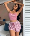 Kadın Pembe Çizgili Desen Askılı Şortlu Pijama Takım 9002