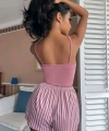 Kadın Pembe Çizgili Desen Askılı Şortlu Pijama Takım 9002