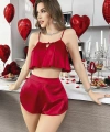 Kırmızı İnce Askılı Kurdelalı Saten Şortlu Takım