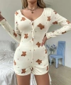 Pamuklu Ekru Ayıcık Desenli Düğmeli Tulum Pijama