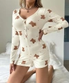 Pamuklu Ekru Ayıcık Desenli Düğmeli Tulum Pijama