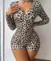 Pamuklu Leopar Desenli Düğmeli Uzun Kol Tulum Pijama