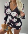 Pamuklu Siyah Hello Kitty Desenli Düğmeli Uzun Kol Tulum Pijama