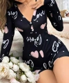 Siyah Kalp Desenli Love Yazılı Düğmeli Tulum Pijama