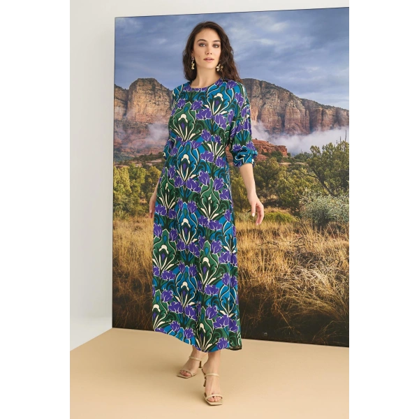 %100 Viskon Çiçek Desenli Saten Elbise