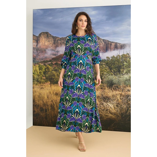 %100 Viskon Çiçek Desenli Saten Elbise