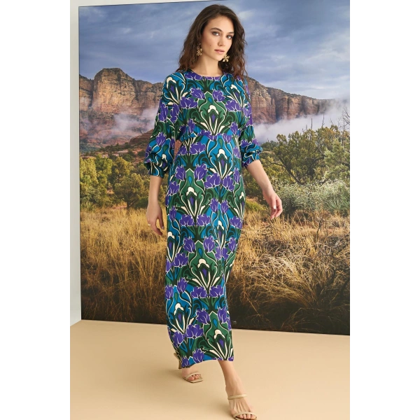 %100 Viskon Çiçek Desenli Saten Elbise