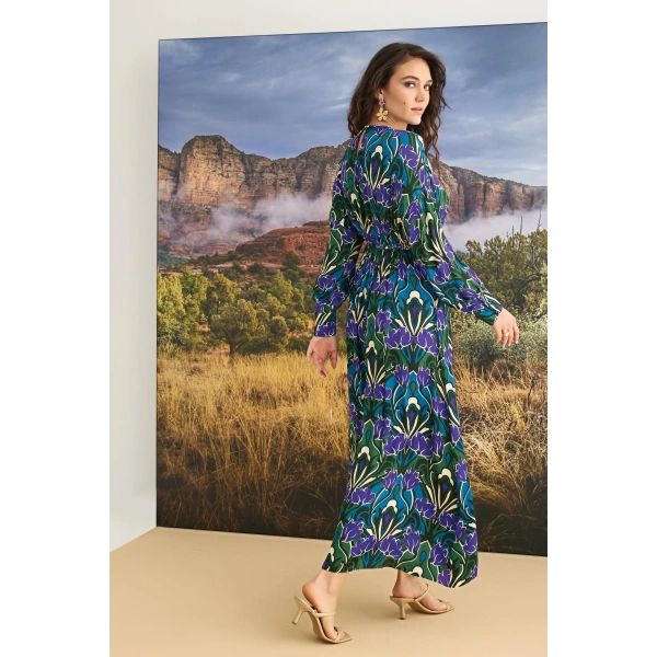 %100 Viskon Çiçek Desenli Saten Elbise