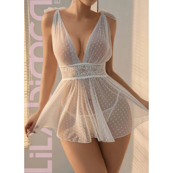 Beyaz Dantel İşlemeli Tül Fantezi Gecelik