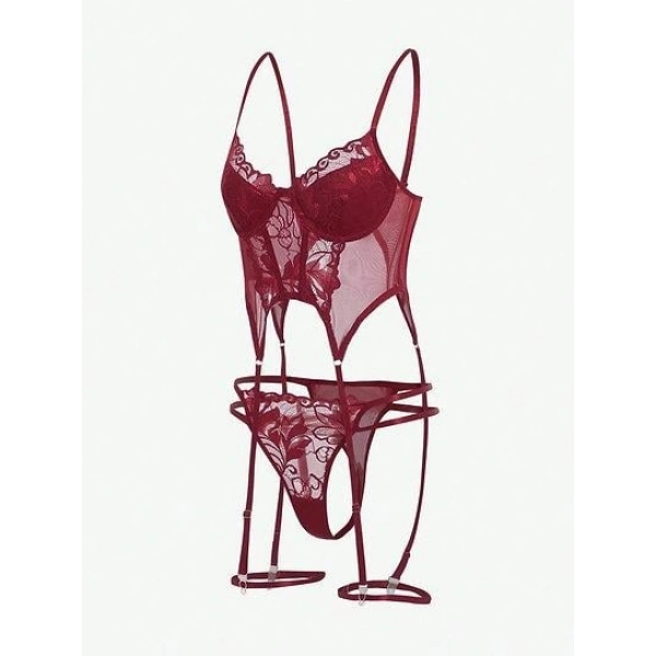 Bordo Dantel İşlemeli Göğüs Dekolteli Fantezi Jartiyer Takımı