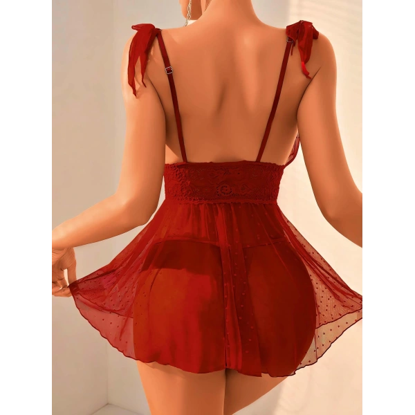 Bordo Dantel İşlemeli Puantiyeli Tül Fantezi Gecelik