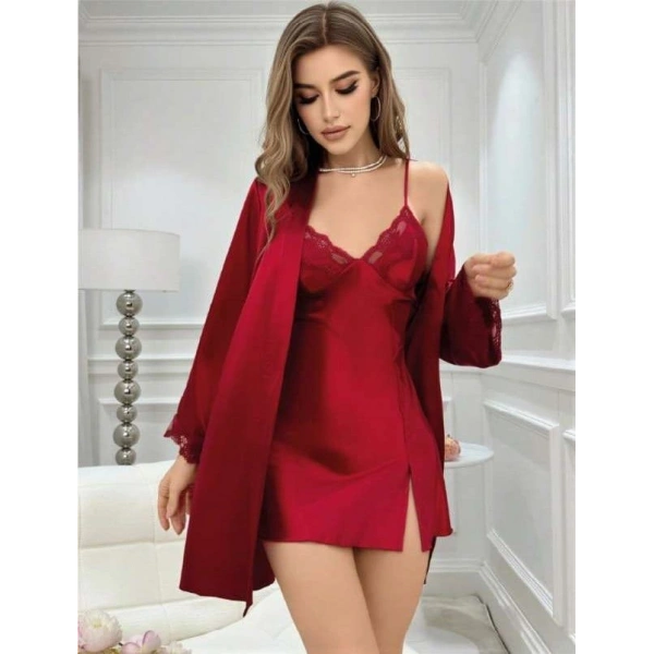 Bordo İnce Askılı Saten 2li Gecelik Sabahlık Takımı