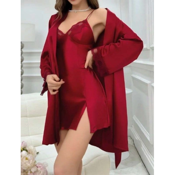 Bordo İnce Askılı Saten 2li Gecelik Sabahlık Takımı