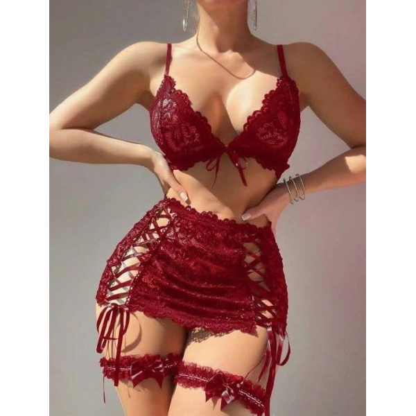 Bordo Transparan Dantel İşlemeli İp Detaylı Fantezi Takım