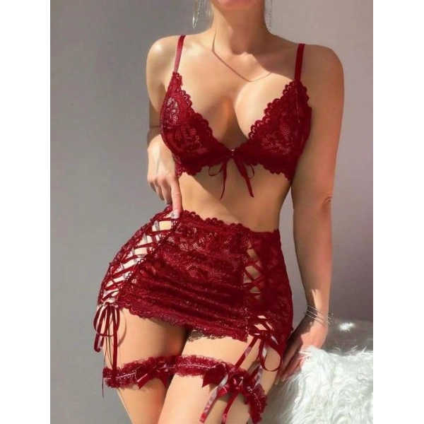 Bordo Transparan Dantel İşlemeli İp Detaylı Fantezi Takım