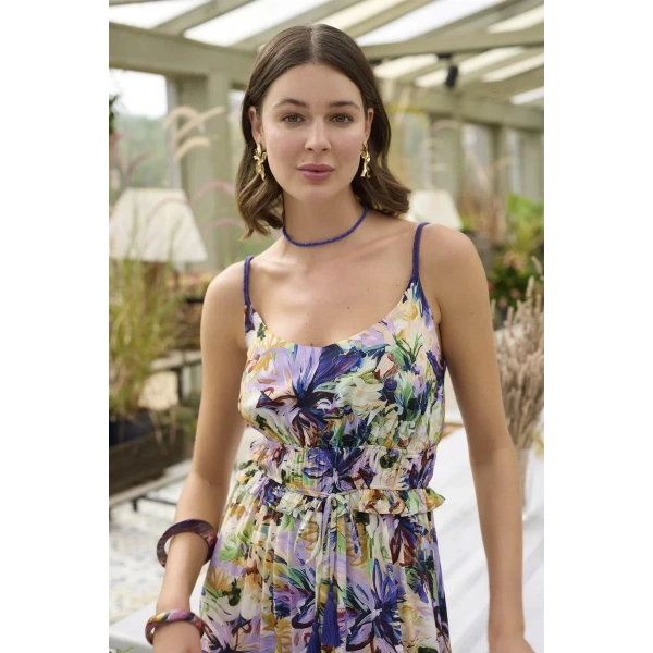 Çiçek Ve Yaprak Desenli İp Askılı Tulum