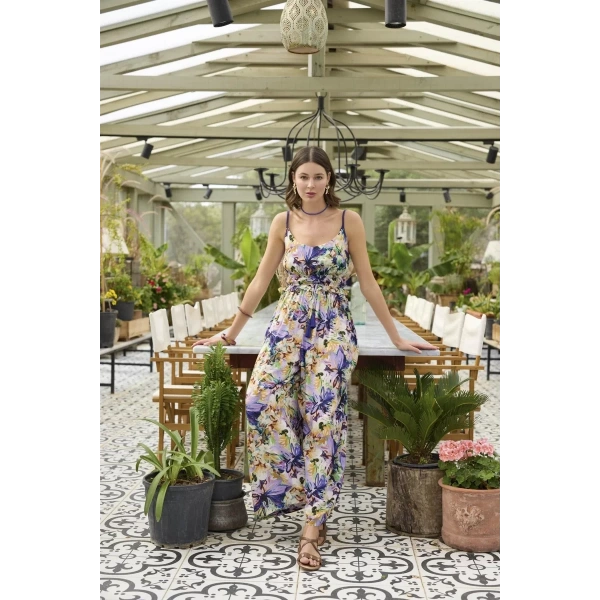 Çiçek Ve Yaprak Desenli İp Askılı Tulum