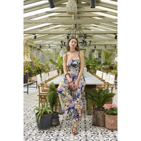 Çiçek Ve Yaprak Desenli İp Askılı Tulum