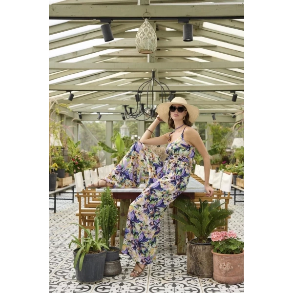 Çiçek Ve Yaprak Desenli İp Askılı Tulum