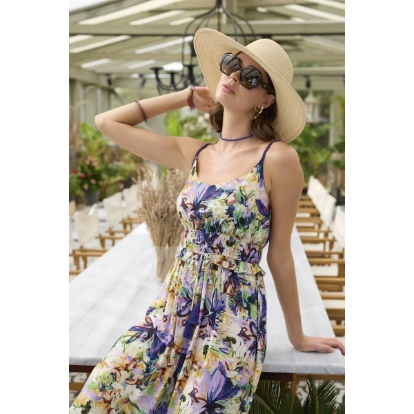 Çiçek Ve Yaprak Desenli İp Askılı Tulum