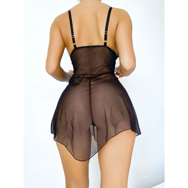 Dantel İşlemeli Kurdelalı Fantezi Siyah Gecelik Takımı