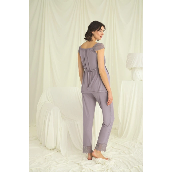 Dantelli Önü Düğmeli Hamile Lohusa 3lü Pijama Takımı
