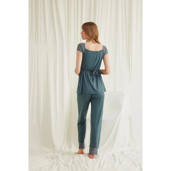 Dantelli Önü Düğmeli Hamile Lohusa 3lü Viskon Pijama Takımı