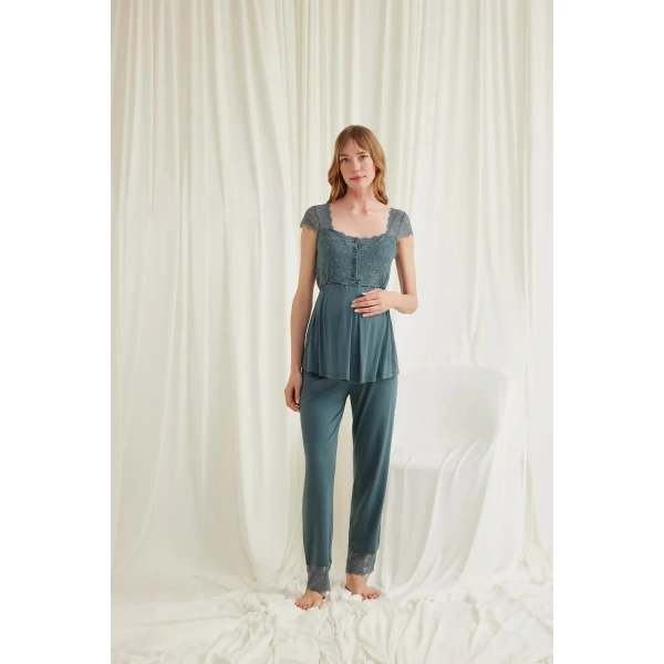 Dantelli Önü Düğmeli Hamile Lohusa 3lü Viskon Pijama Takımı