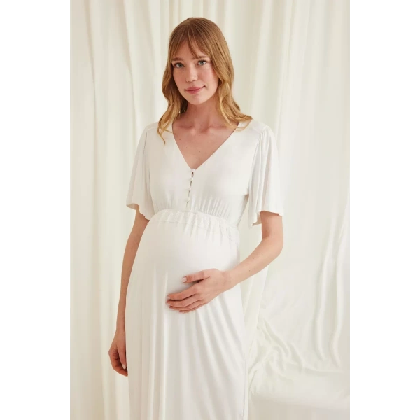 Dantelli Önü Düğmeli Hamile Lohusa Gecelik